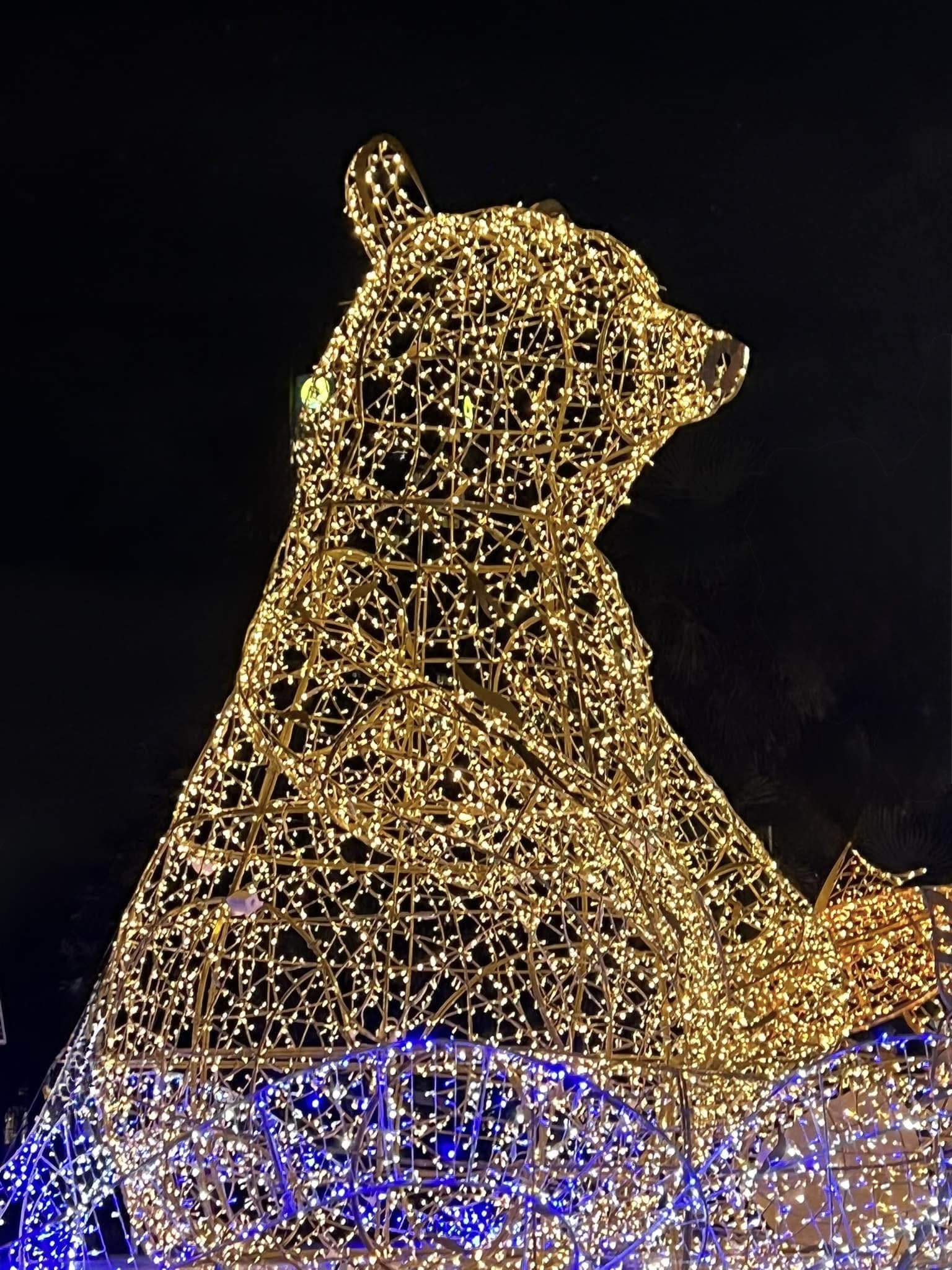 Towering bear sculpture made of golden string lights glowing against the night sky in Vancouver